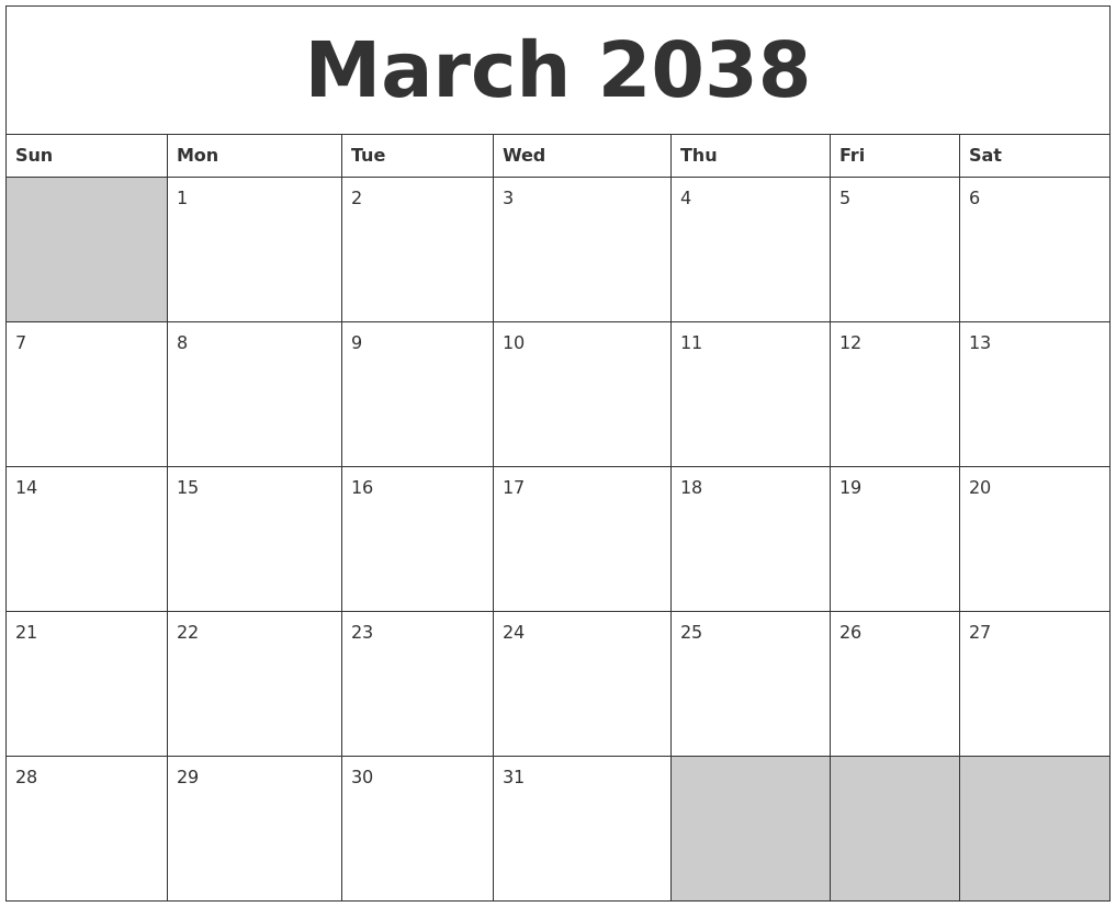 March 2038 Blank Printable Calendar