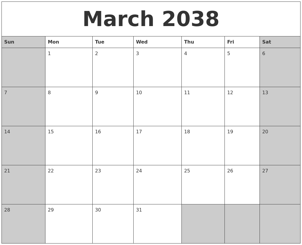 March 2038 Calanders