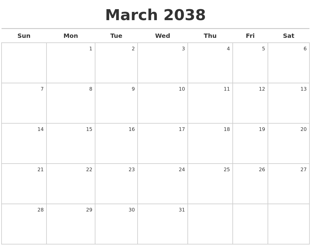 March 2038 Calendar Maker
