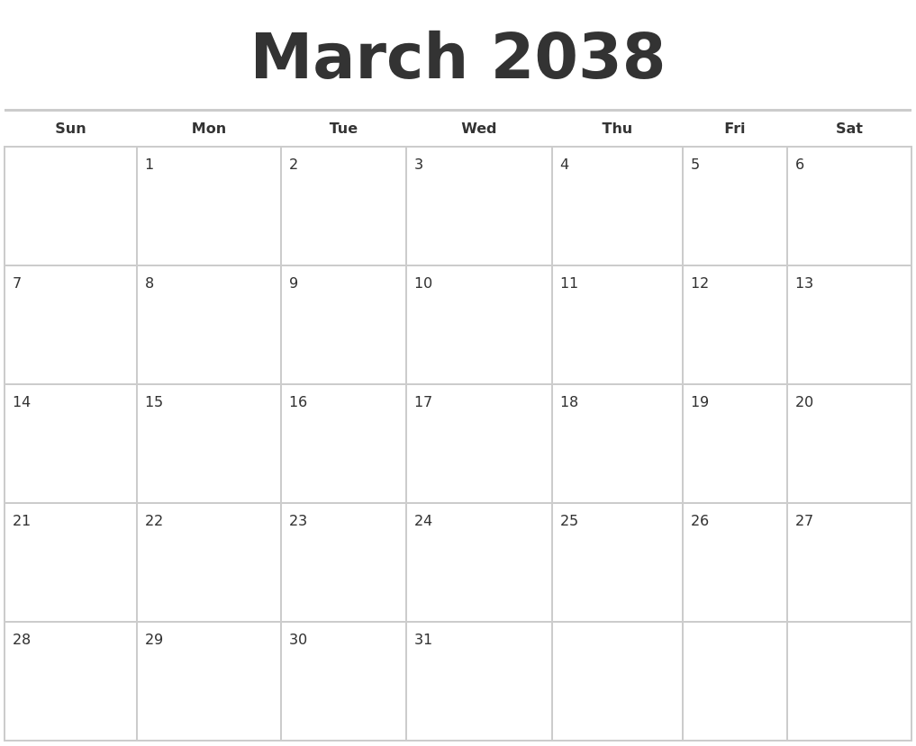 March 2038 Calendars Free