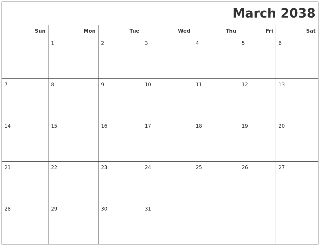 March 2038 Calendars To Print