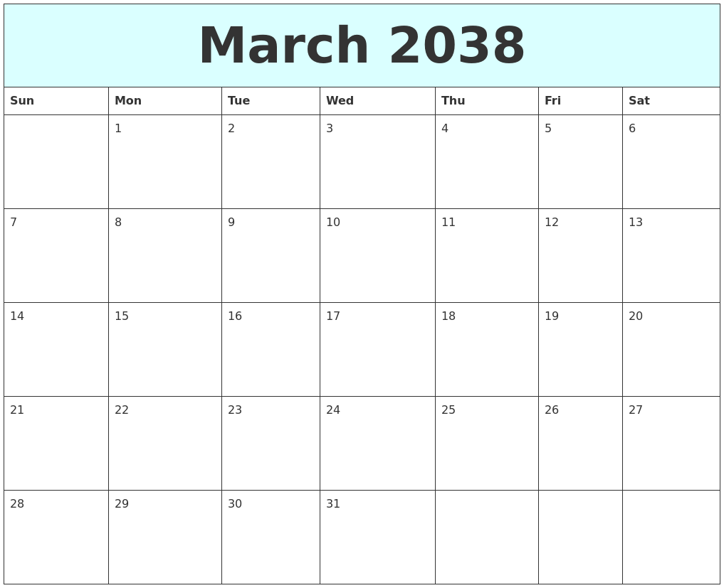 March 2038 Free Calendar