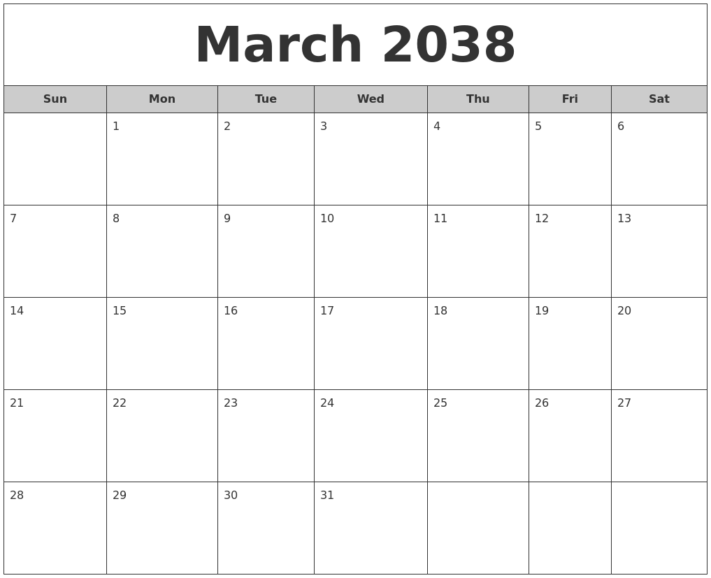 March 2038 Free Monthly Calendar