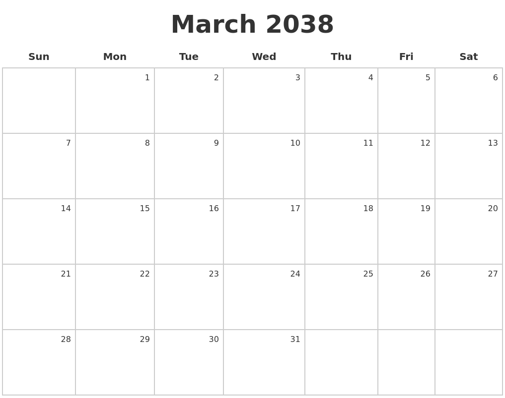 March 2038 Make A Calendar