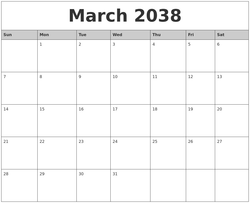 March 2038 Monthly Calendar Printable