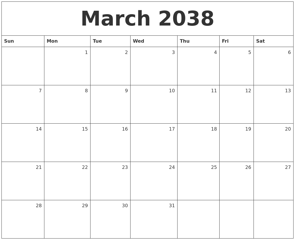 March 2038 Monthly Calendar