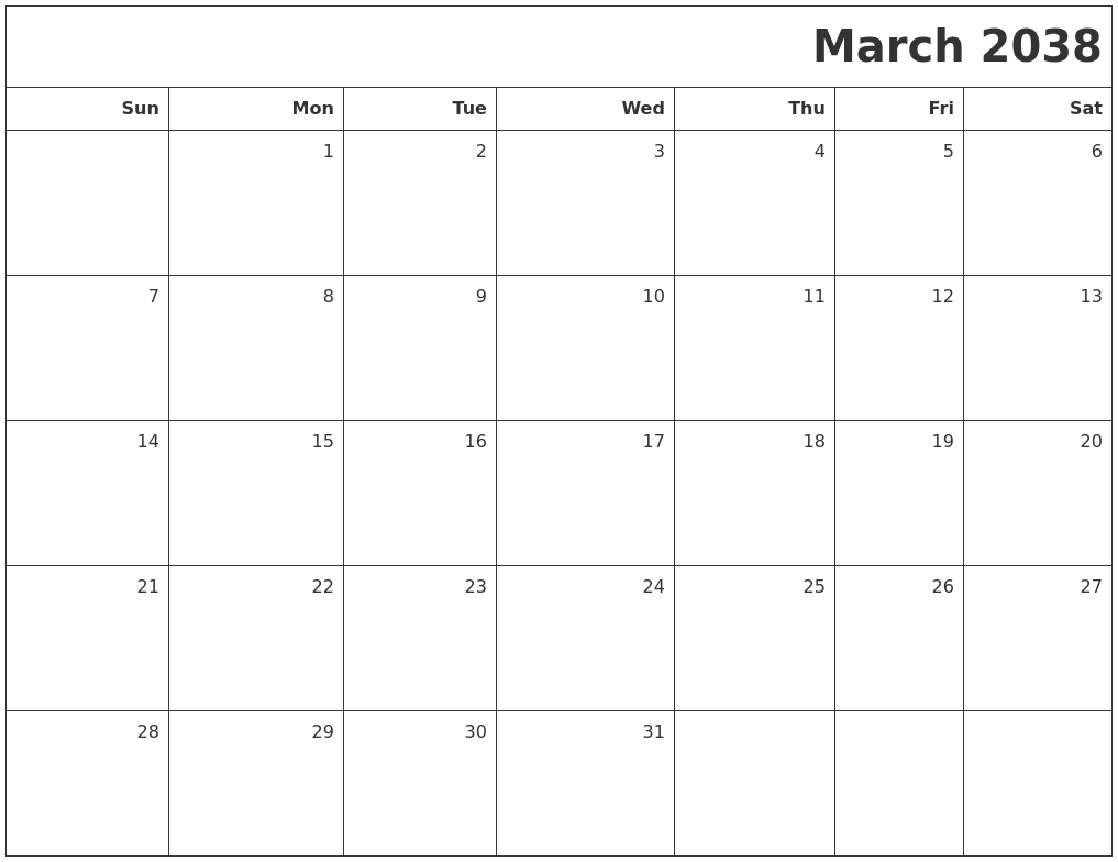March 2038 Printable Blank Calendar