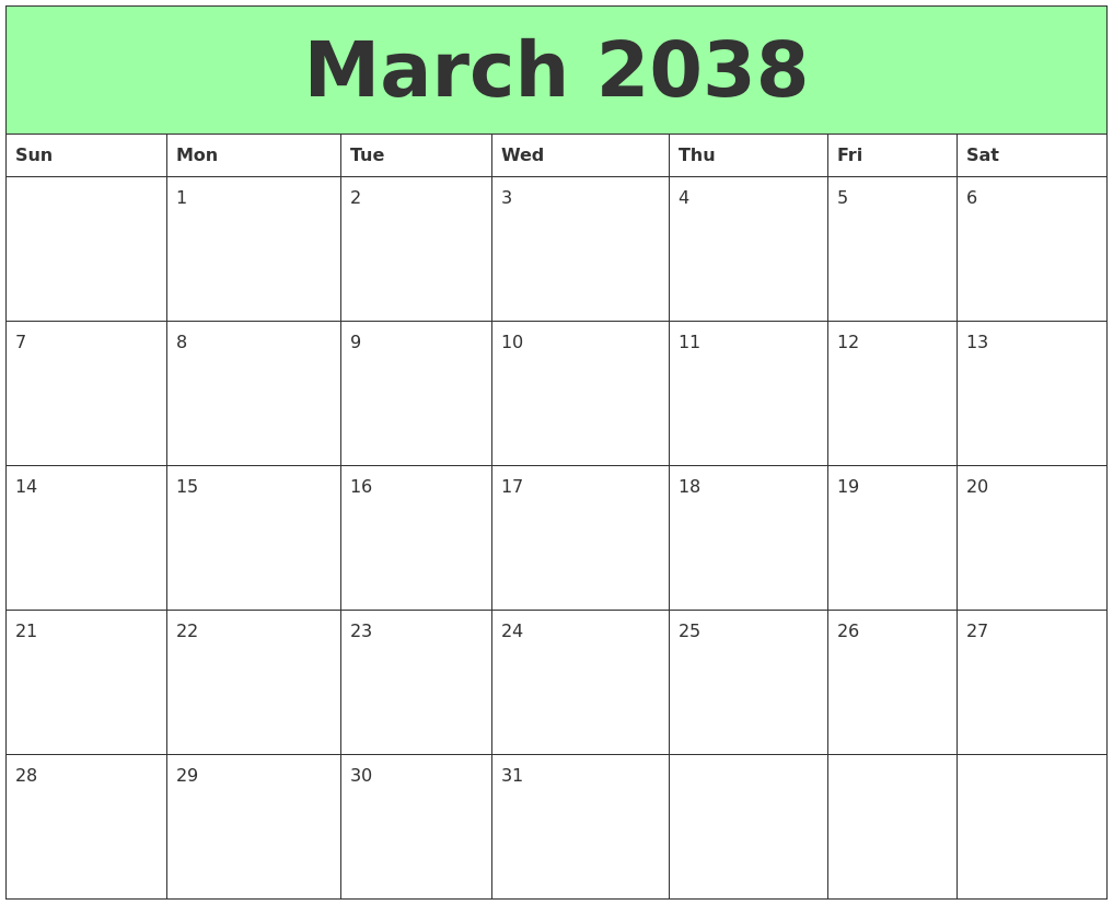 March 2038 Printable Calendars