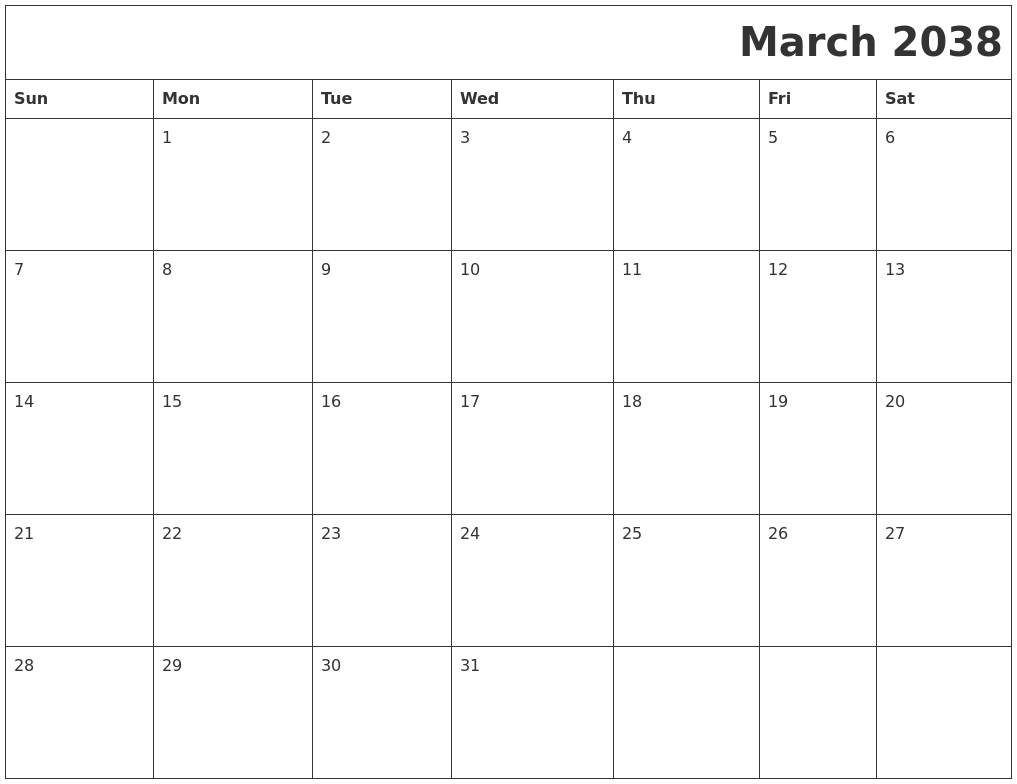 March 2038 Printable Calender