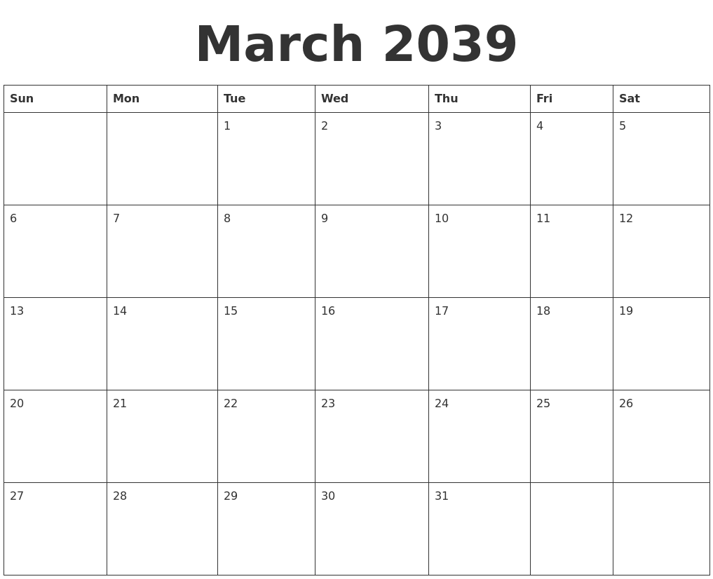 March 2039 Blank Calendar Template
