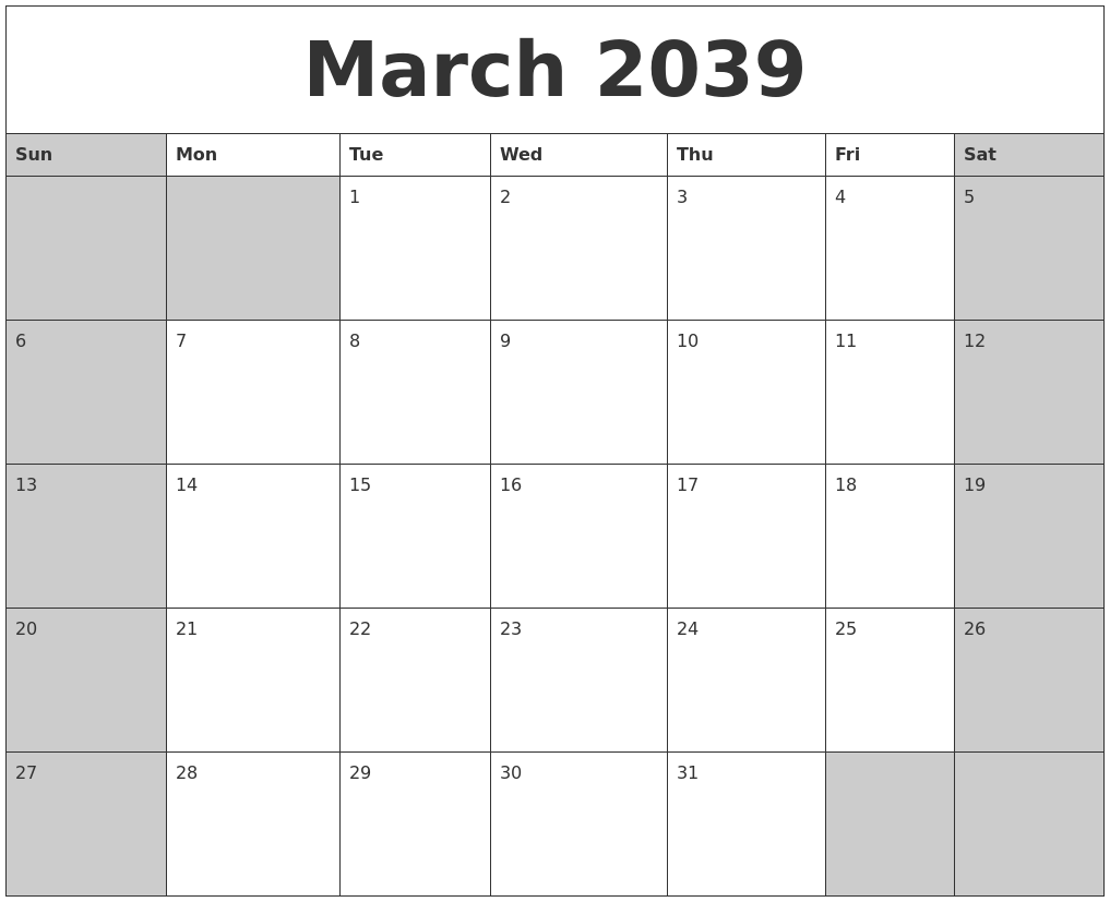 March 2039 Calanders