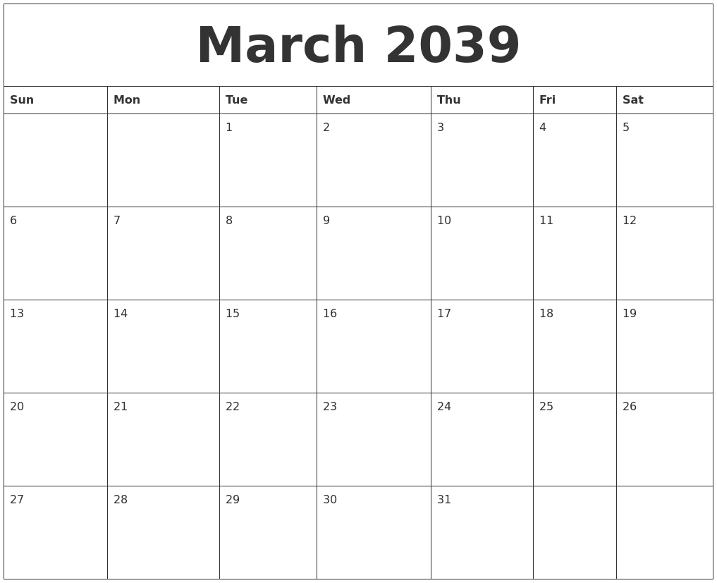 March 2039 Calendar For Printing