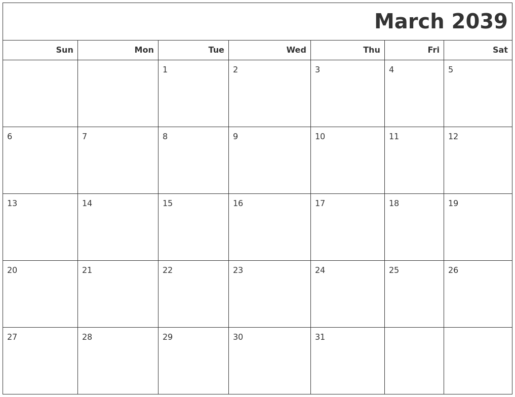 March 2039 Calendars To Print