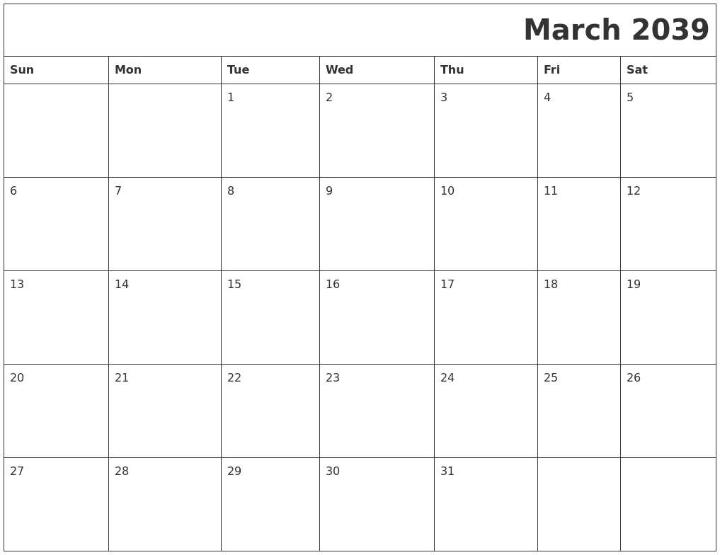 March 2039 Download Calendar