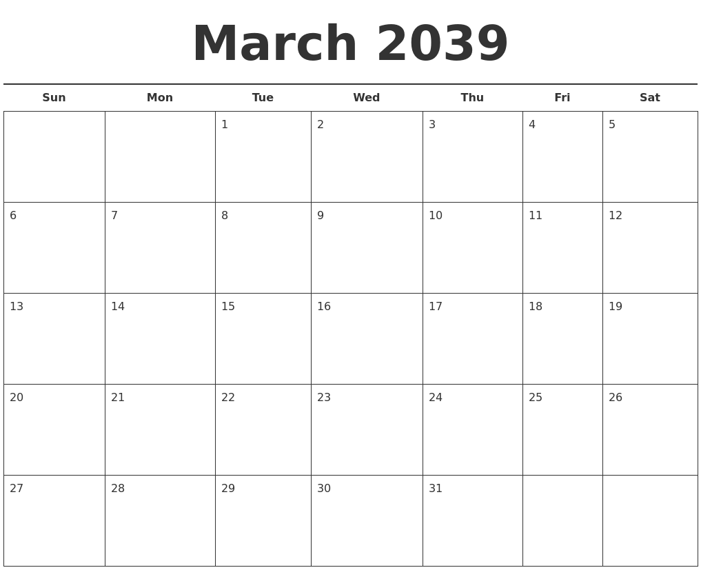 March 2039 Free Calendar Template