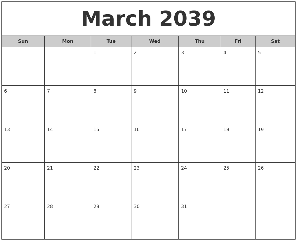 March 2039 Free Monthly Calendar