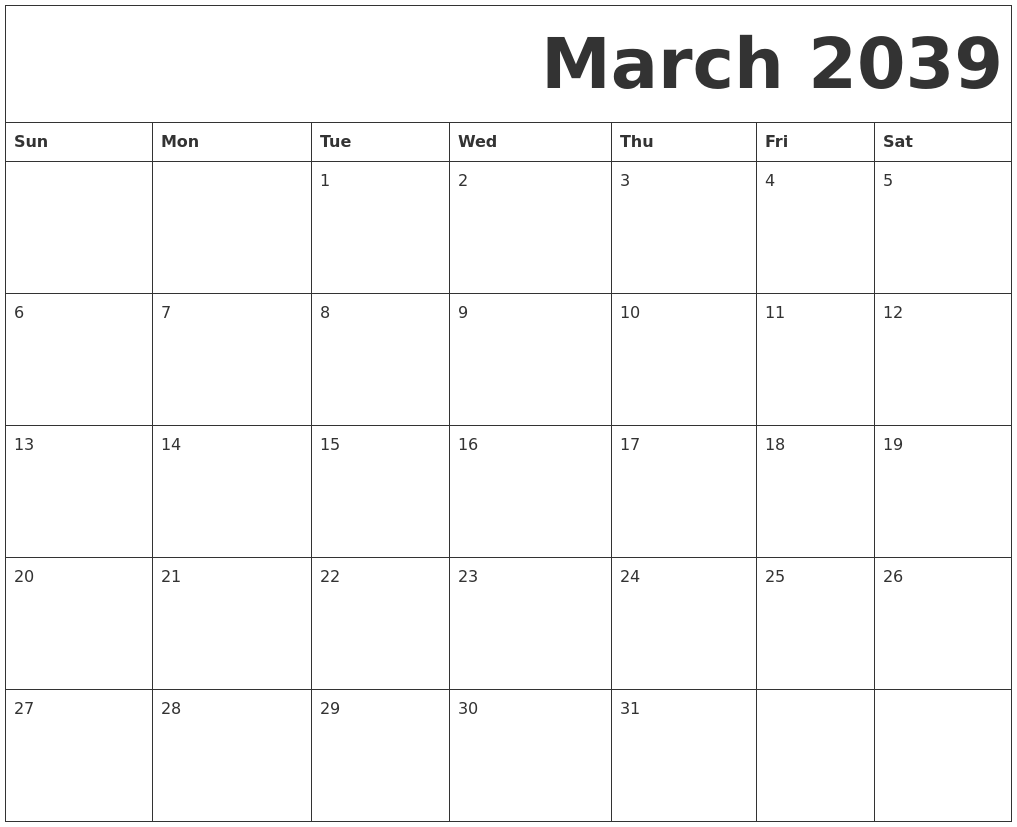 March 2039 Free Printable Calendar