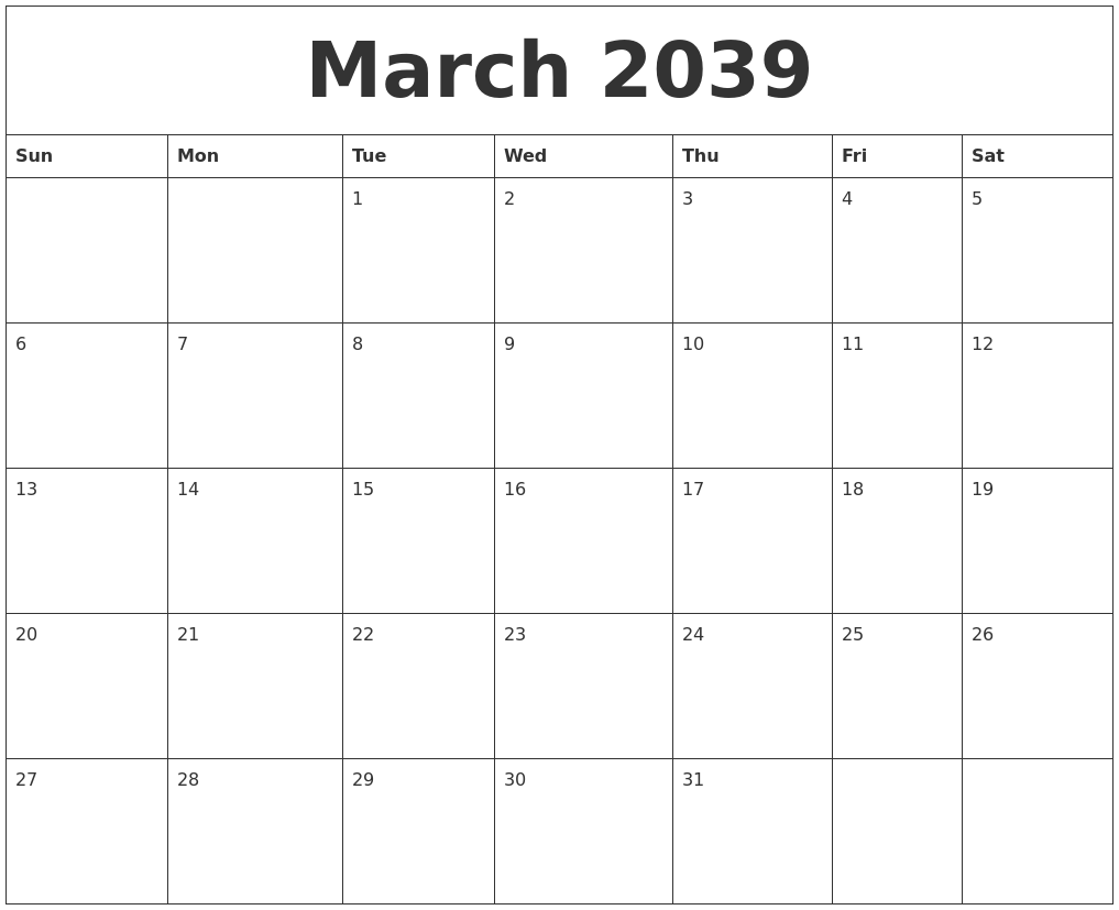 March 2039 Free Printable Monthly Calendar