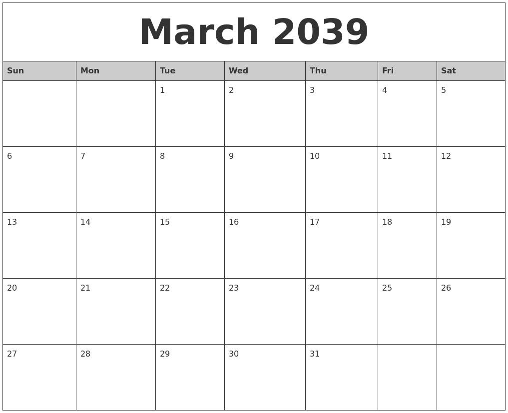 March 2039 Monthly Calendar Printable