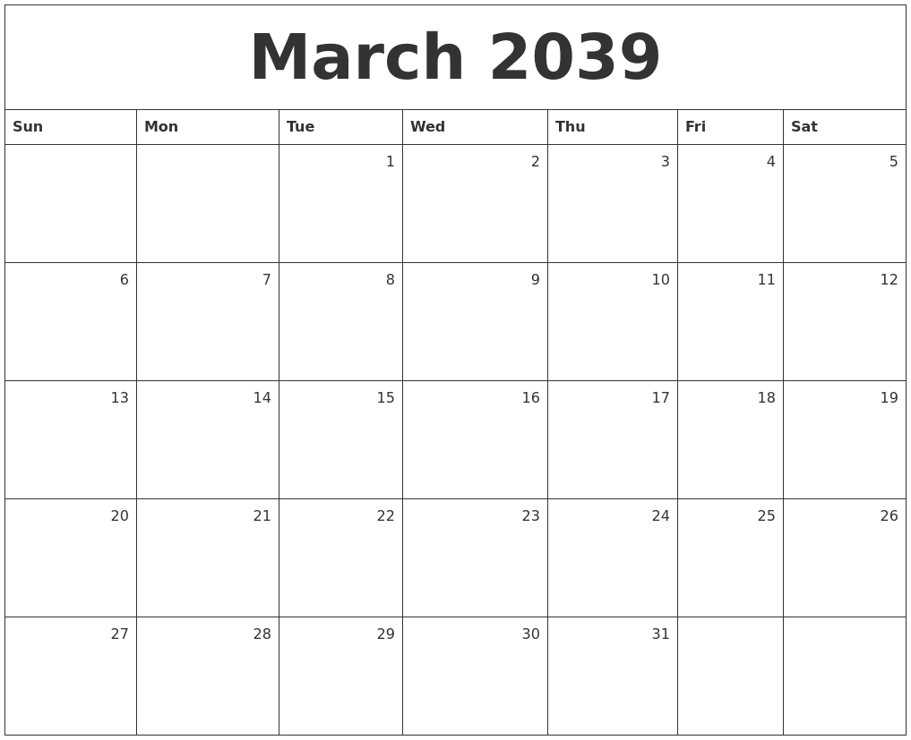 March 2039 Monthly Calendar