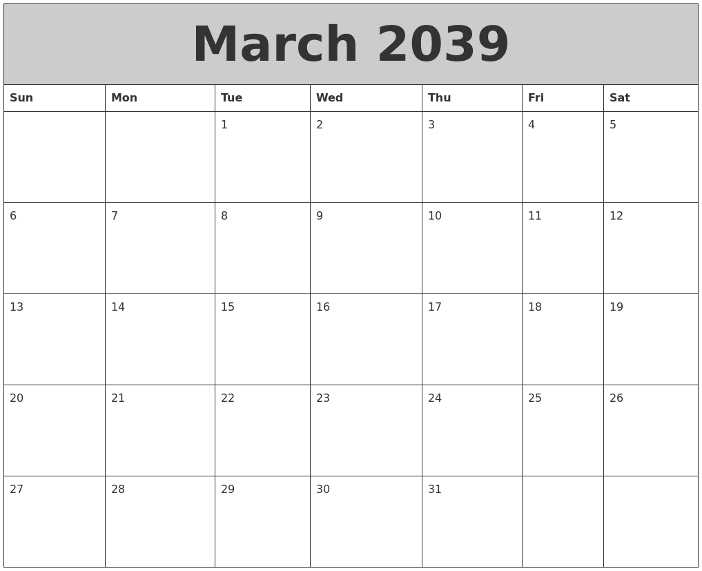 March 2039 My Calendar