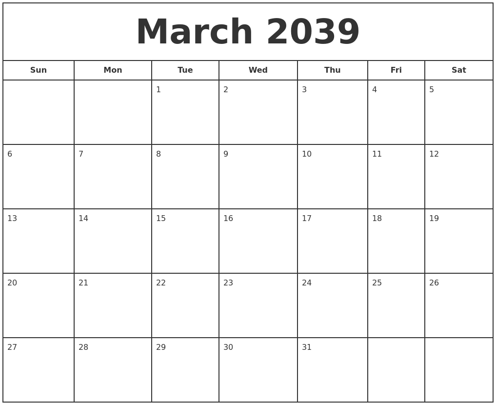 March 2039 Print Free Calendar