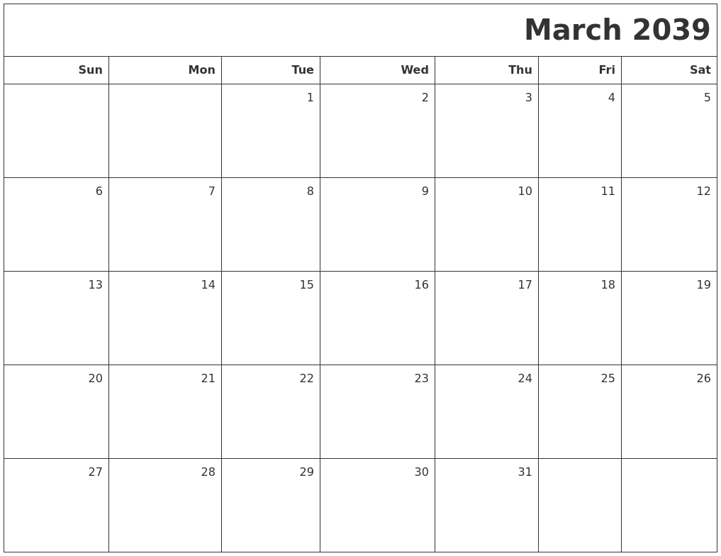 March 2039 Printable Blank Calendar
