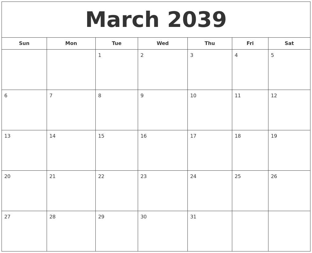 March 2039 Printable Calendar