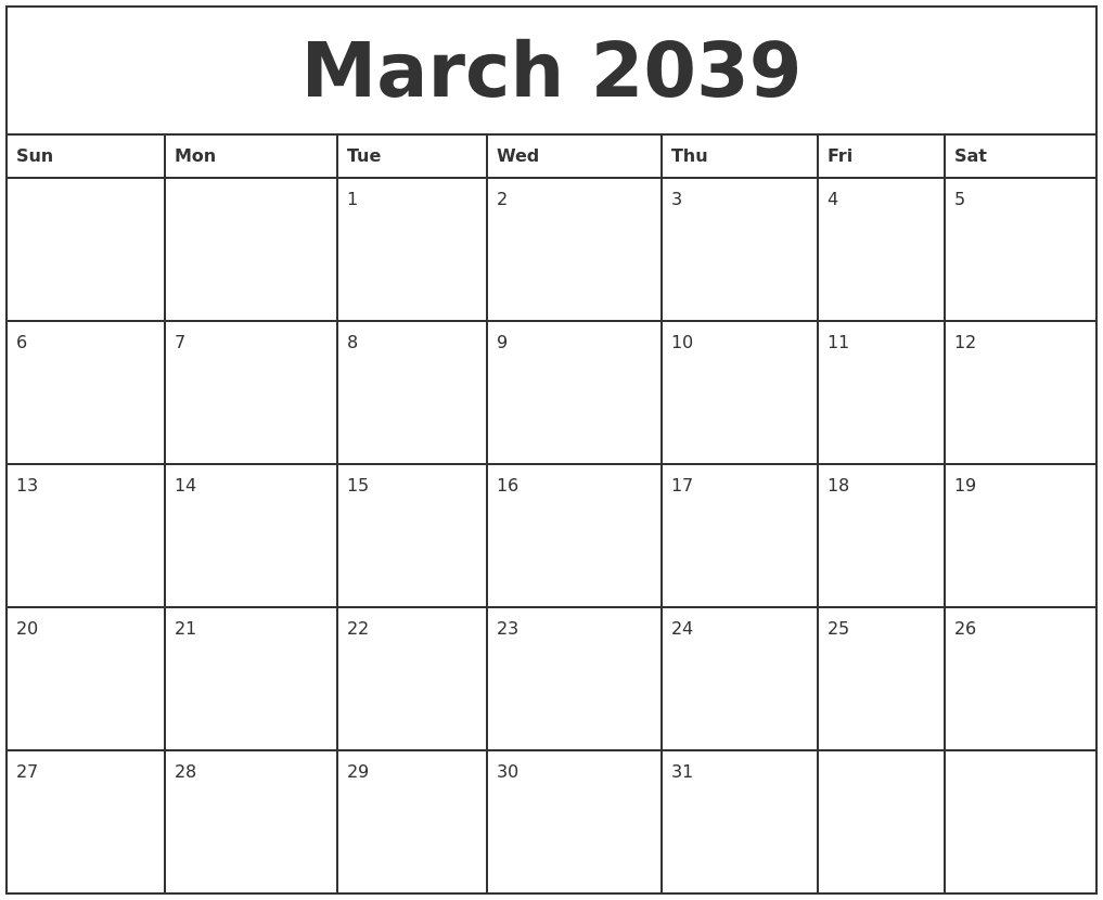 March 2039 Printable Monthly Calendar