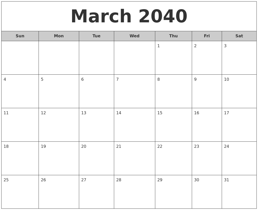 March 2040 Free Monthly Calendar