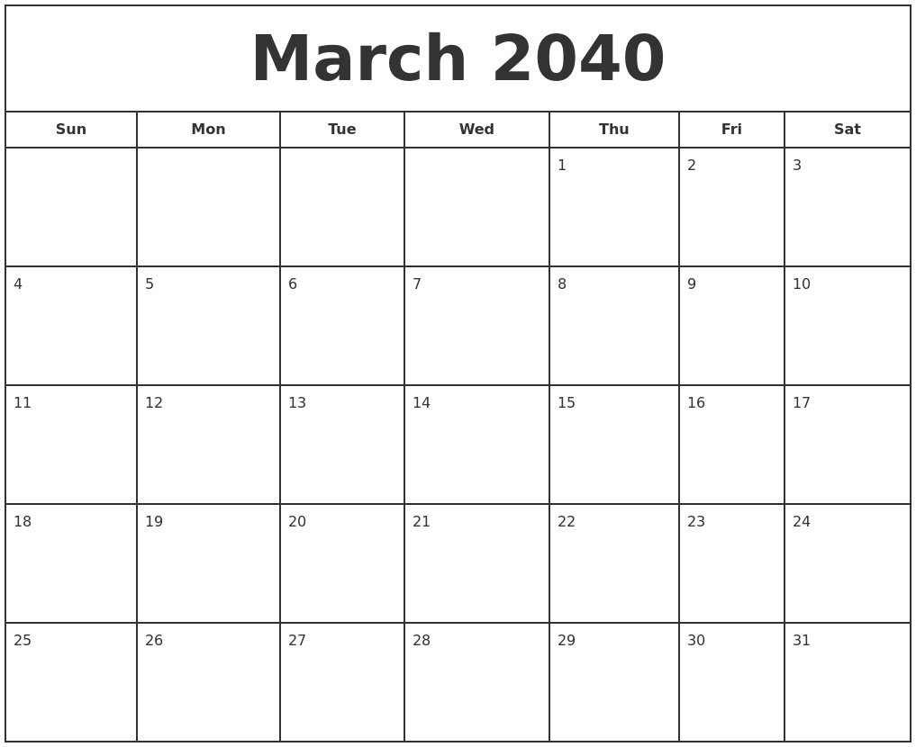 March 2040 Print Free Calendar