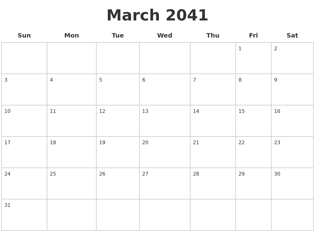 March 2041 Blank Calendar Pages