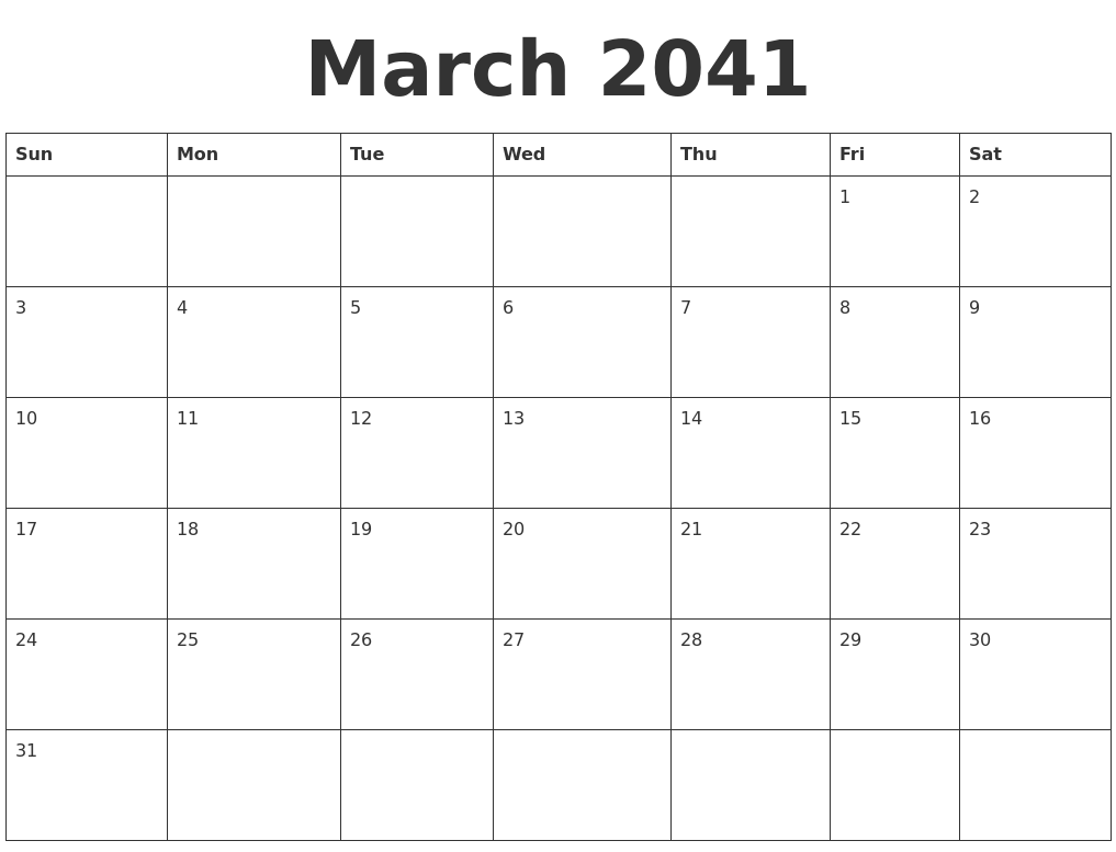 March 2041 Blank Calendar Template