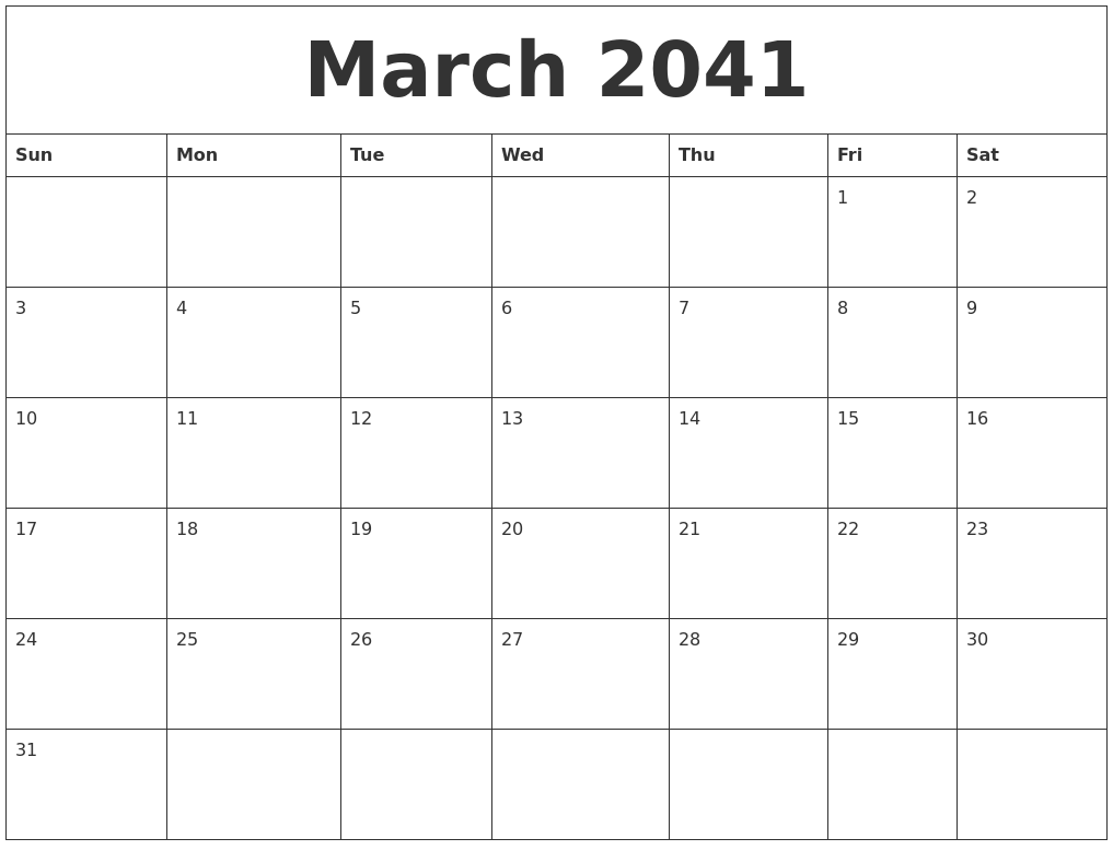 March 2041 Blank Monthly Calendar Template