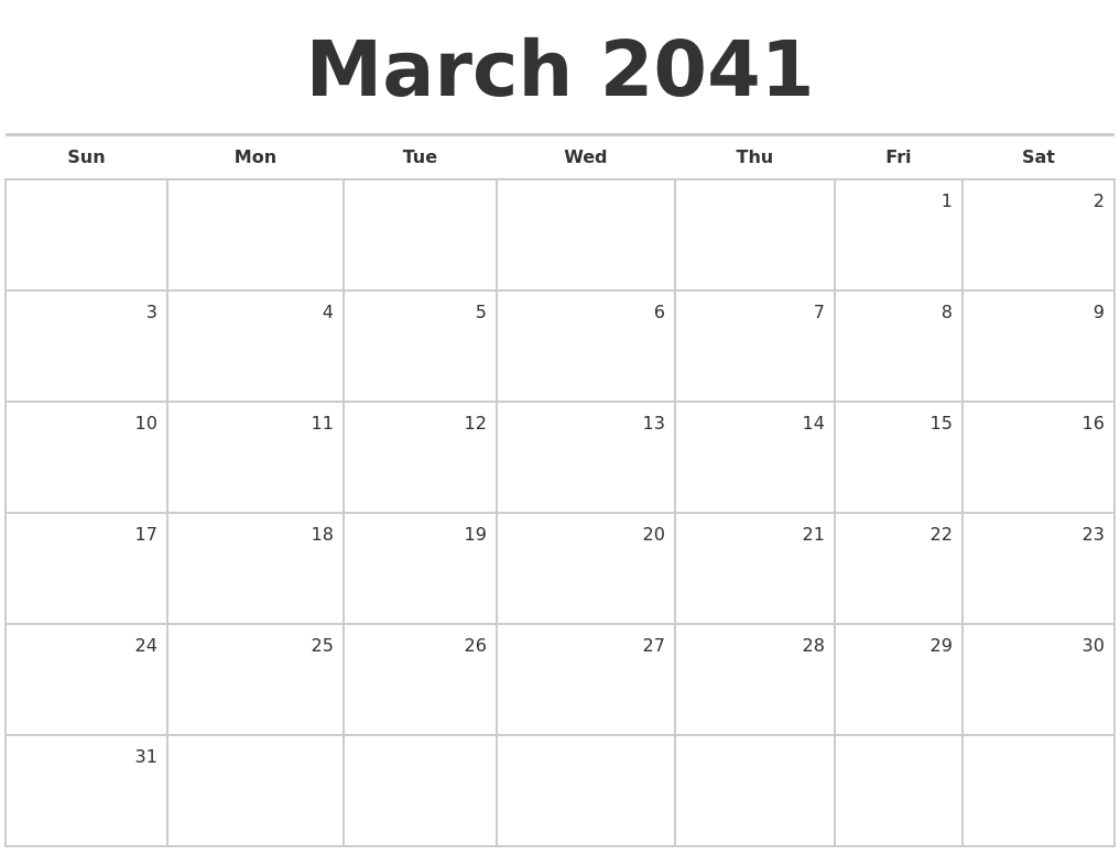 March 2041 Blank Monthly Calendar