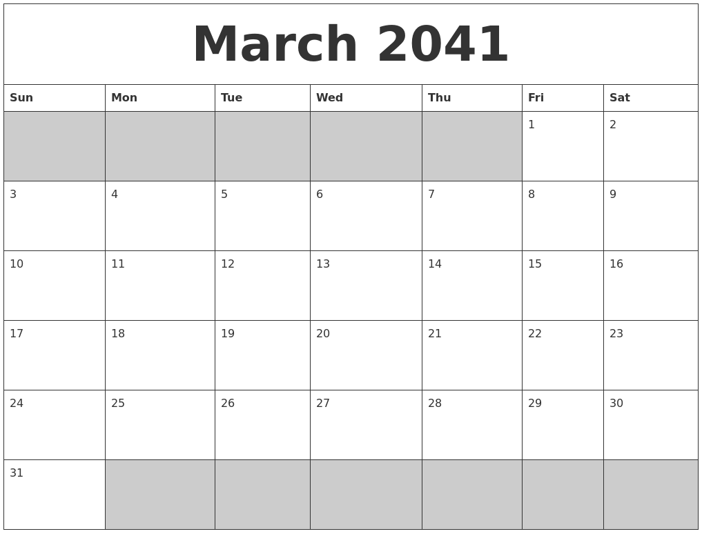 March 2041 Blank Printable Calendar