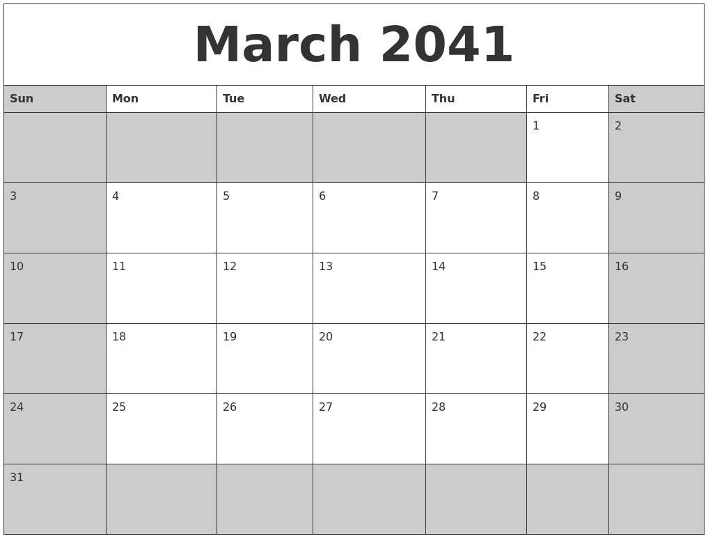 March 2041 Calanders