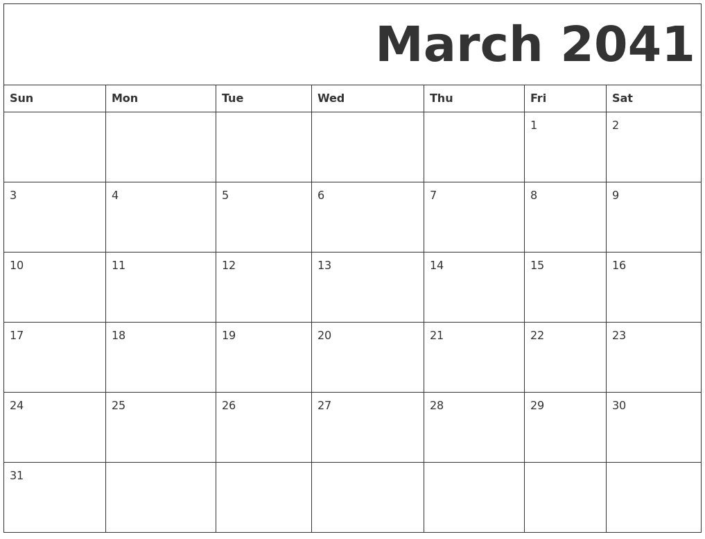 March 2041 Free Printable Calendar