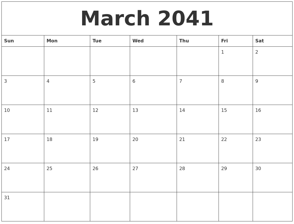 March 2041 Month Calendar Template
