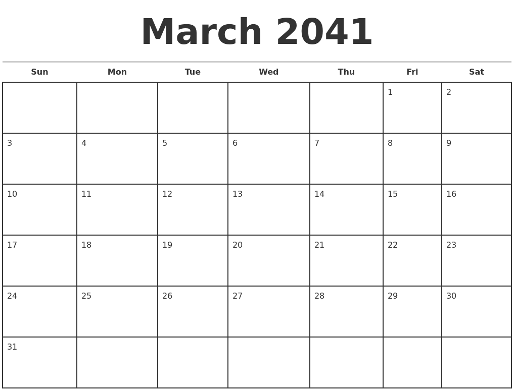 March 2041 Monthly Calendar Template