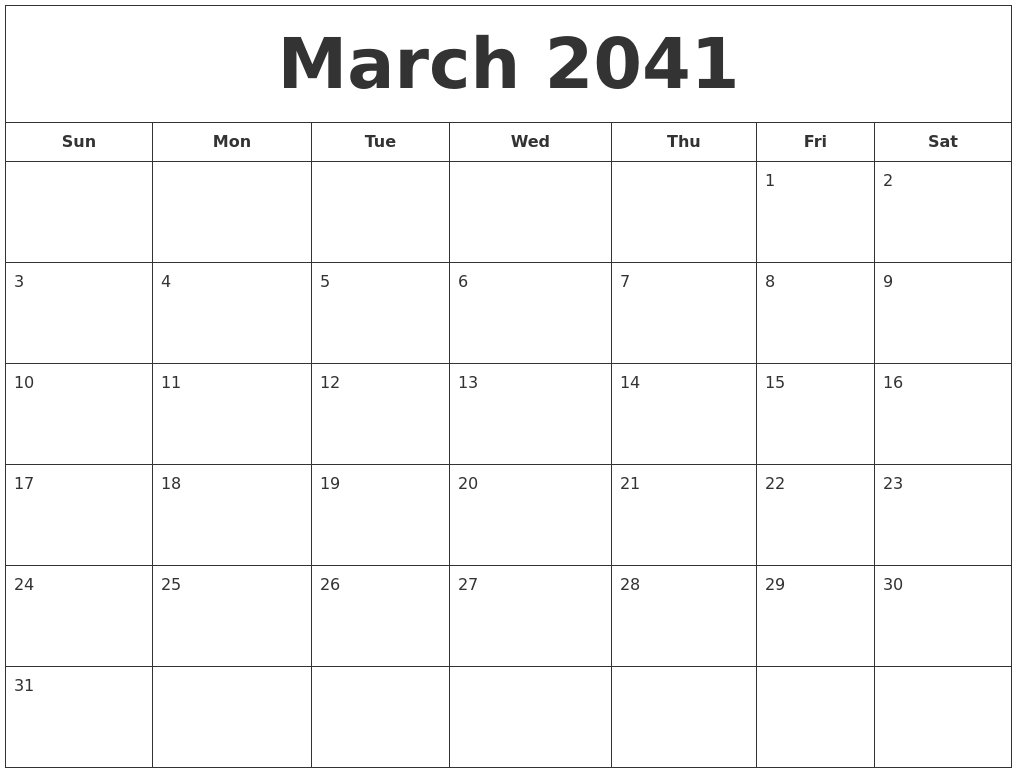 March 2041 Printable Calendar