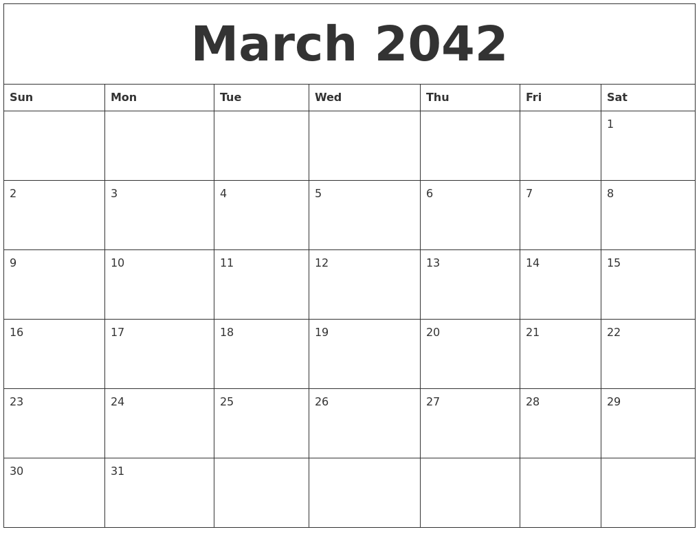 March 2042 Blank Calendar To Print