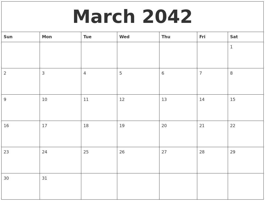 March 2042 Blank Monthly Calendar Pdf