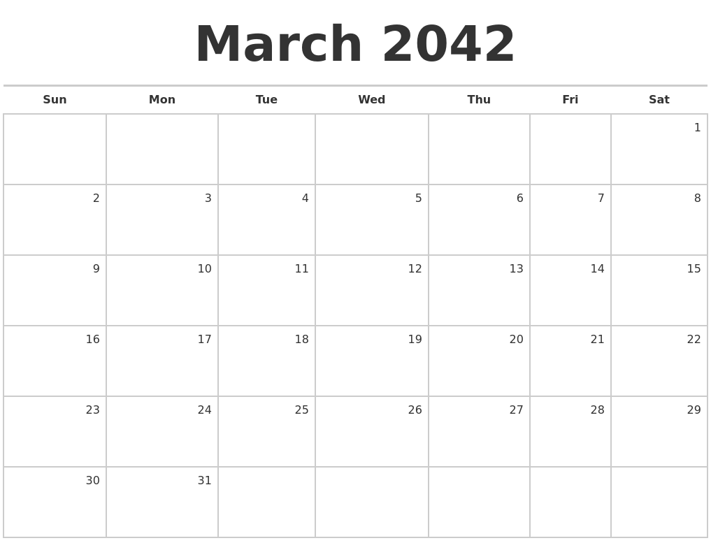 March 2042 Blank Monthly Calendar