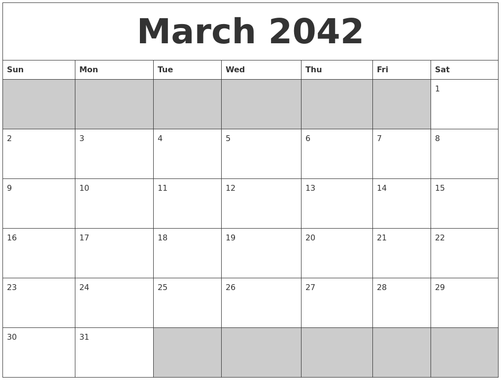 March 2042 Blank Printable Calendar