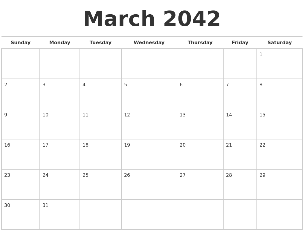 March 2042 Calendars Free