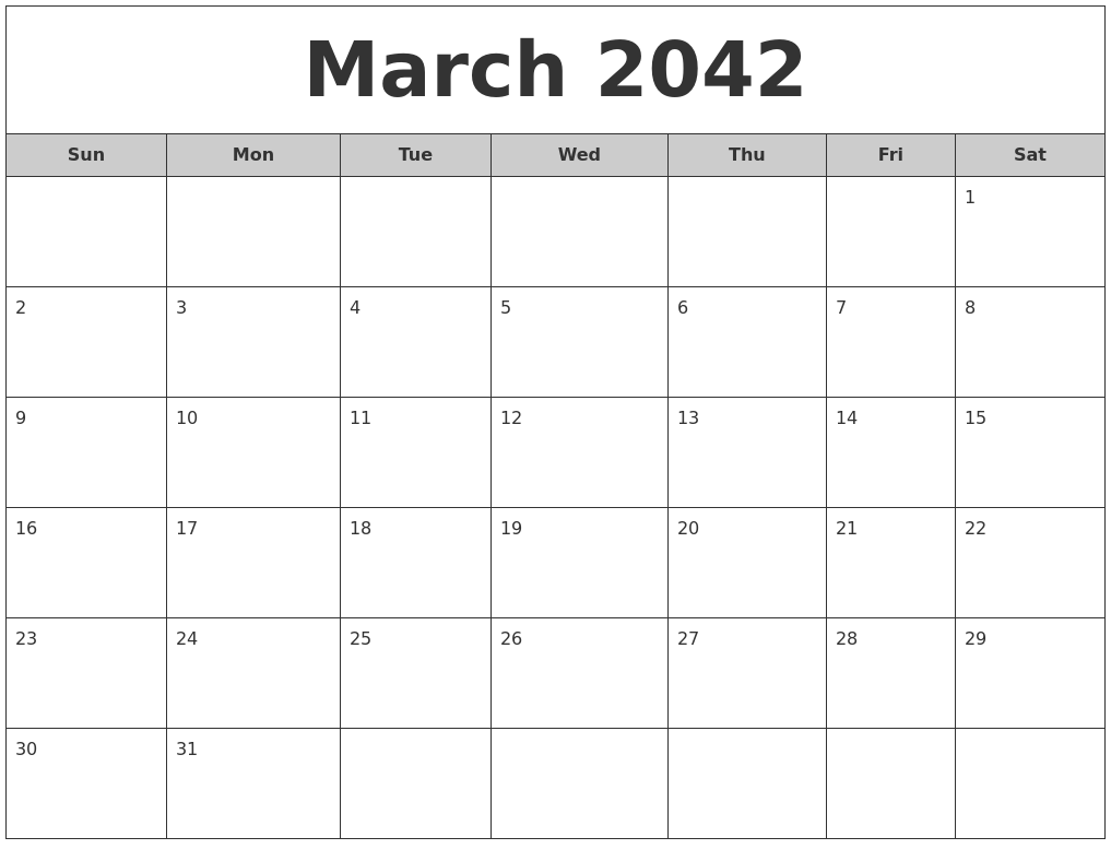 March 2042 Free Monthly Calendar