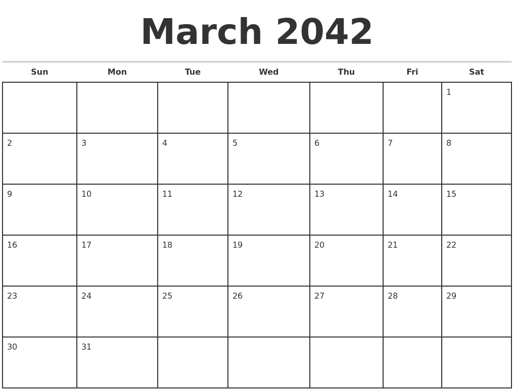 March 2042 Monthly Calendar Template