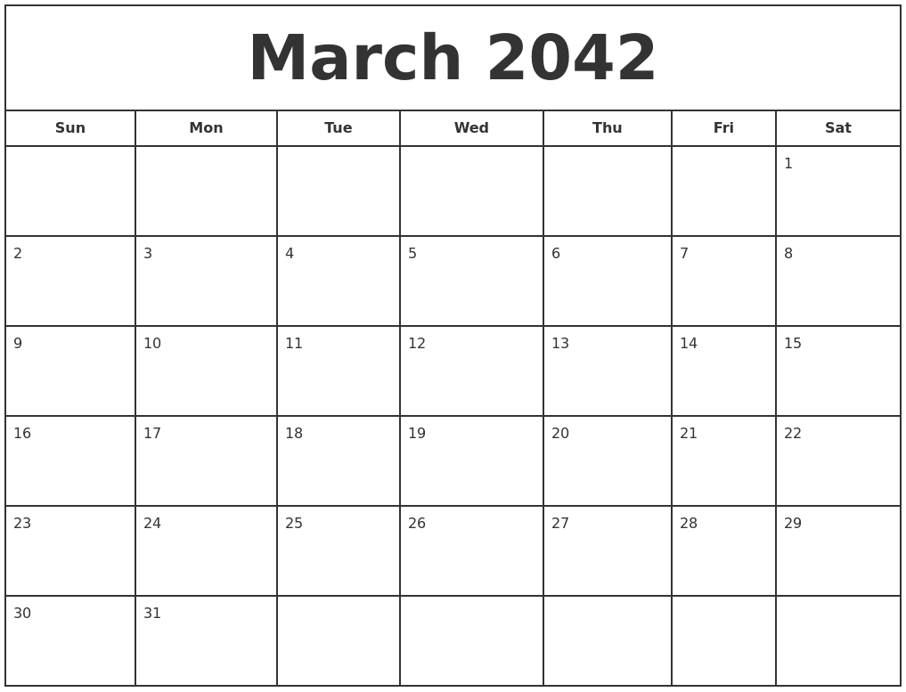 March 2042 Print Free Calendar