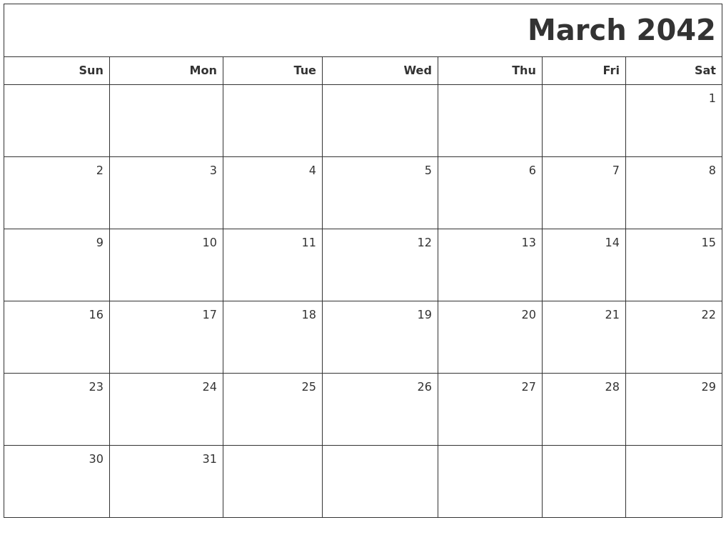 March 2042 Printable Blank Calendar